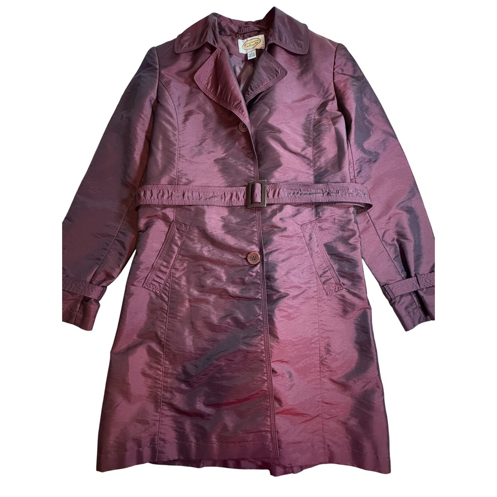 Talbots Iridescent Plum Burgundy Trench Coat Belted Mid Length Jacket Womens M